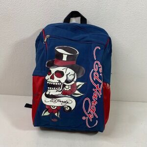 Ed Hardy Skull Top Hat Tattoo Graphic Backpack Navy Blue Red Y2K Streetwear